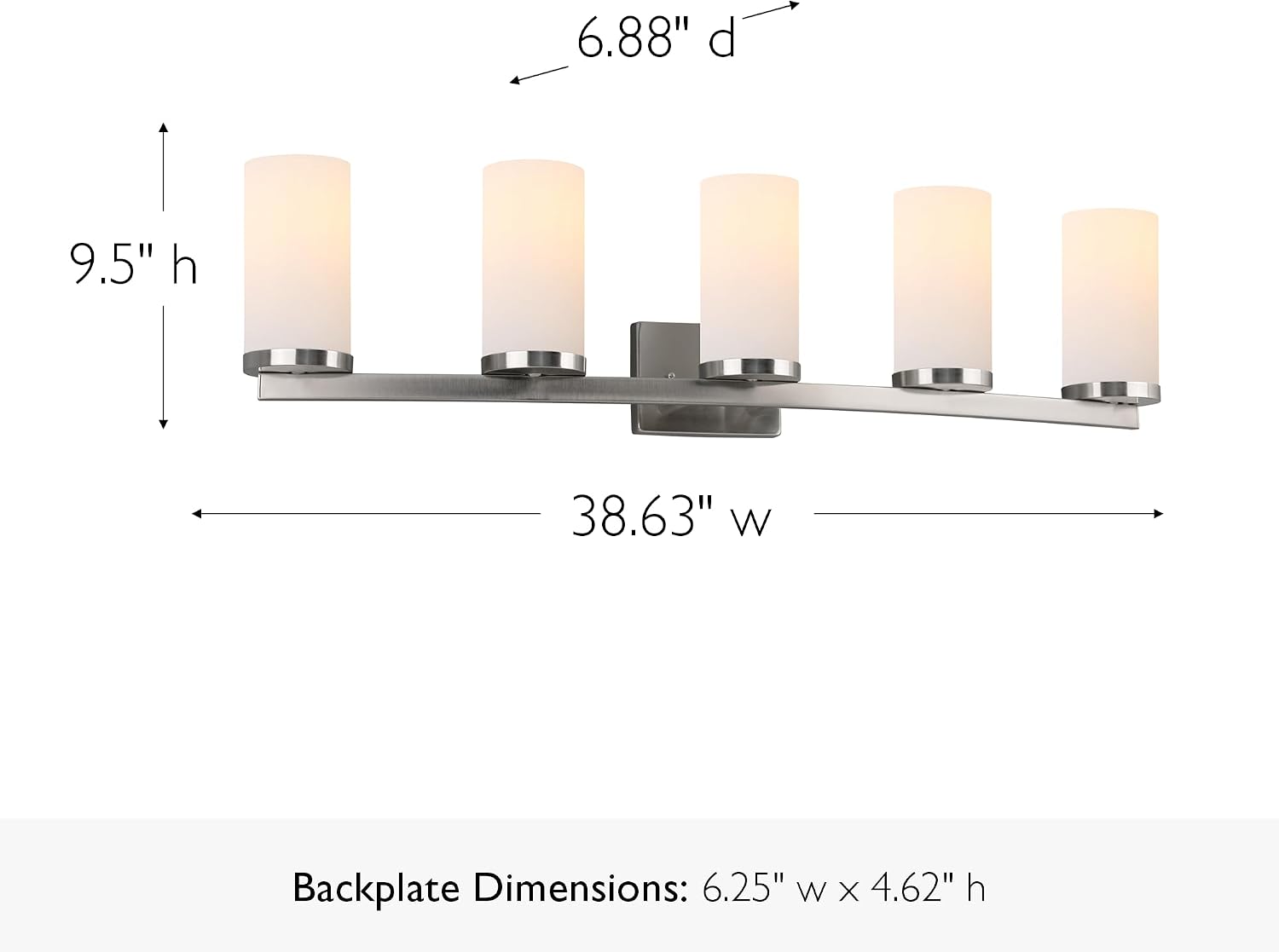 Design House Desta Vanity Light, 5-Light, Curved Bar Design, Frosted Glass Glow, Dimmable, Up/Down Mountable, E26 Socket, Satin Nickel, 38.6 in L x 6.9 in W x 9.5 in H, 589176-SN