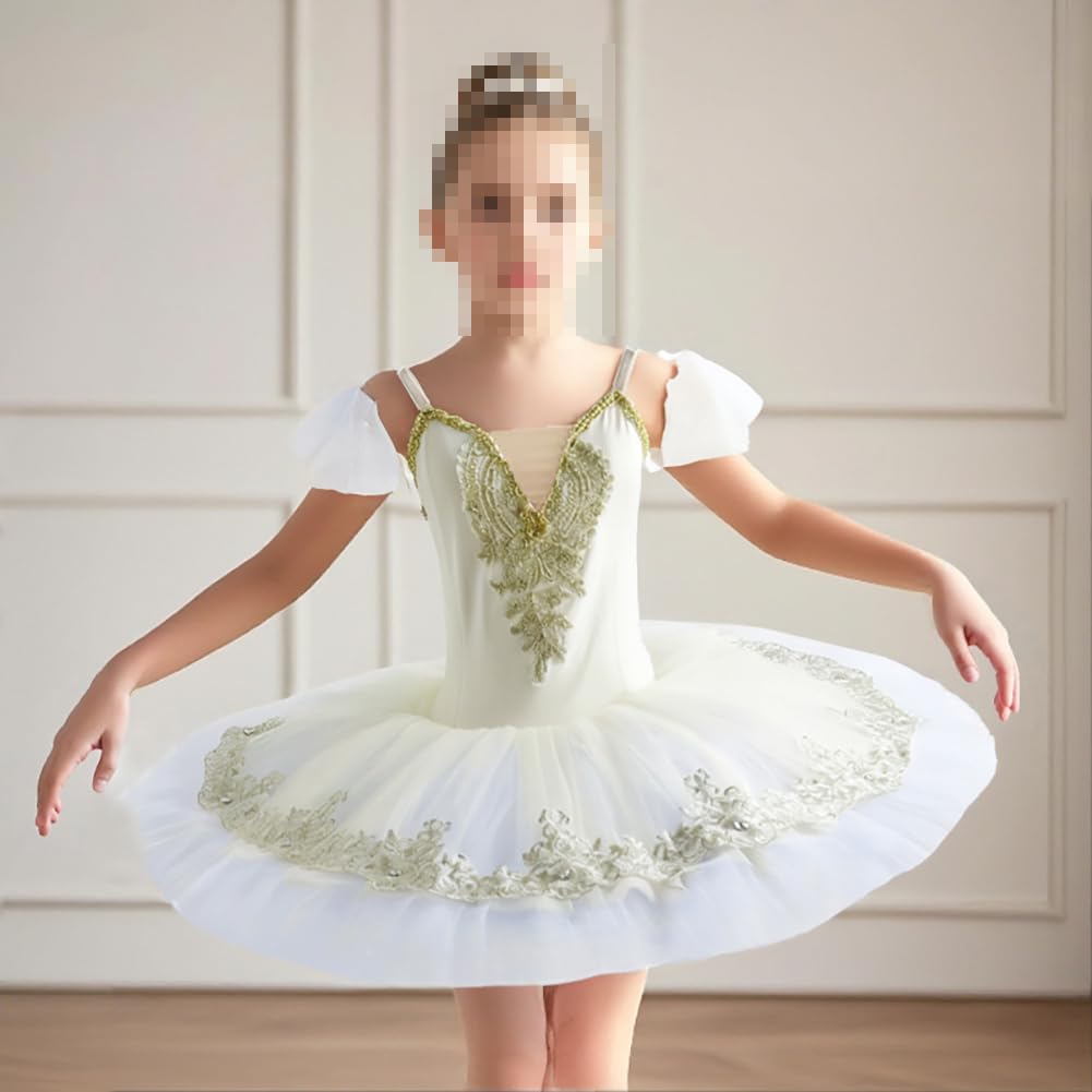 tutù da Balletto Bianco per Bambine con Bretelle E Ricami Costume da Ballerina del Lago dei Cigni Costume da Spettacolo (110)