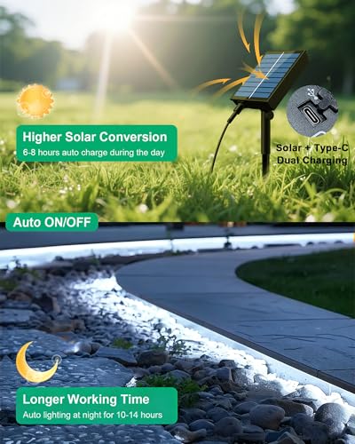 Image of Solar Led Strip Lights Outdoor, 50ft 840LED Solar Rope Lights Self-Adhesive Waterproof, 8 Mode with Remote Timer and Auto On /Off, Perfect for Deck, Patio, Poolside, Camping Decor, Cold White