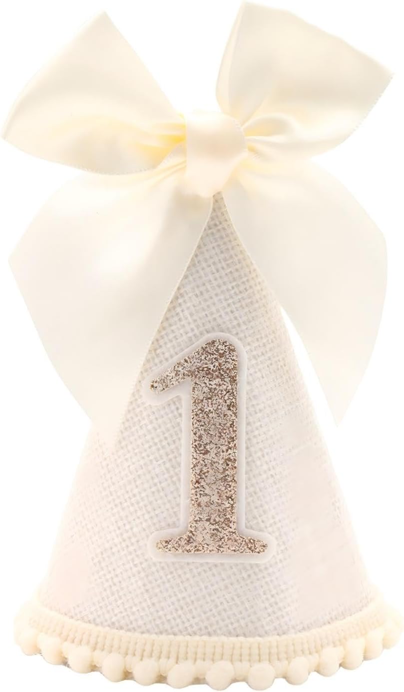 1st Birthday Party Crown Hat with Glitter Number 1, White Cone Shape with Bow, Birthday Party Accessories