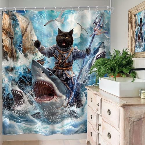Image of Funny Black Cat Shower Curtain Riding Shark Surfing 60Wx72H Inch Decor