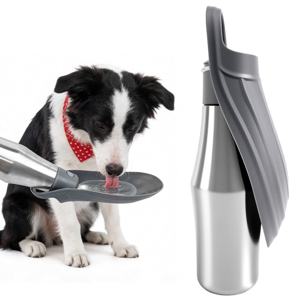 Botella de Agua para Perros 750ML, Bebedero Perro Portatil con Bebedero Integrado, Botella Agua Perro de Acero Inoxidable, Bebedero para Perros Plegable para Paseo Viaje, al Aire Libre