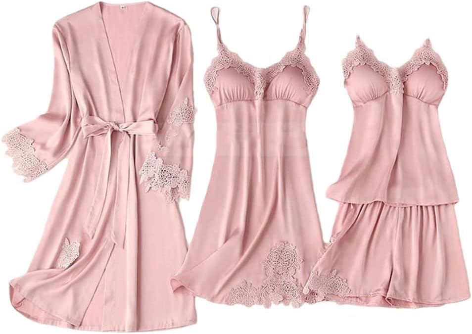 Haitpant Women Lace Trim Satin Pajama Set Sleepwear Summer Nightwear With Pants Casual Home Wear Kimono Robe Gown