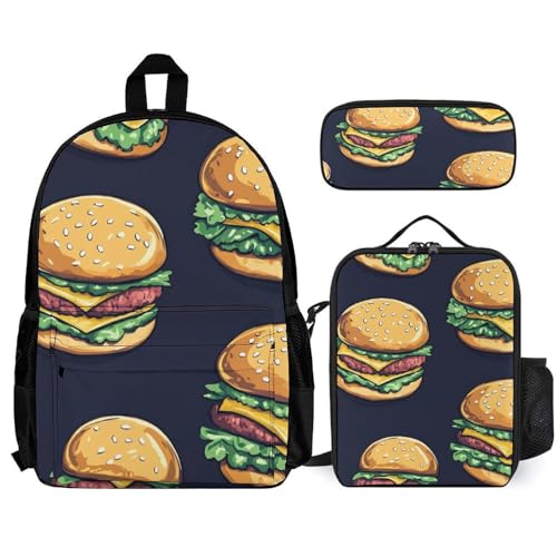 Beef Cheeseburger Hamburger Backpack 3 Set with Lunch Bag Insulated Shoulder Meal Tote Bags Pencil Case Box Casual Daypack