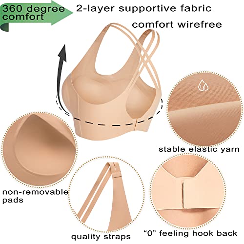 Prettywell Molded Cup Sports Bras For Women, Cross Back Sports Bra Top, Wirefree Comfort Sport Bras For A To D Cup, Seamless Workout Bra Mid Impact Nude #TOP2