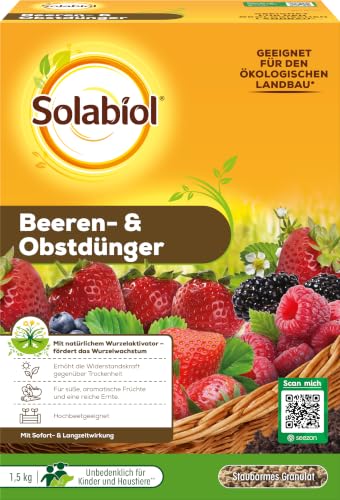 Solabiol Beeren- & Obstdünger, Spezialdünger mit Sofort- und Langzeitwirkung für alle Beerenpflanzen, Kernobst und Steinobst 1,5 kg
