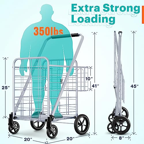 Shopping Cart, Jumbo Double Basket Grocery Cart 350 Lbs Capacity Folding Shopping Cart With 360° Rolling Swivel Wheels Super Loading Utility Shopping Cart For Laundry, Shopping, Grocery, Luggage #TOP2
