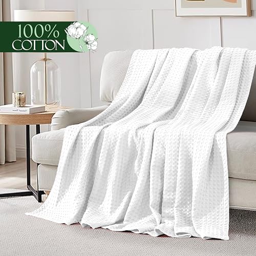 Image of Elegant Comfort Premium 100% Cotton Waffle Blanket - Lightweight Breathable Waffle Weave Bed Blanket - Soft and Warm All Season Blanket for Couch, Sofa and Bed, Queen Size 90x90 Inches, White