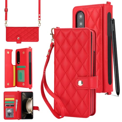 XIMAND for Samsung Galaxy Z Fold4用 小香風 ウォレットケース クレジットカードスロット6個とSペンスロット付き マルチカード機能 プレミアムレザー 磁気クラスプ キックスタンド 高耐久 保護カバー (レッド)
