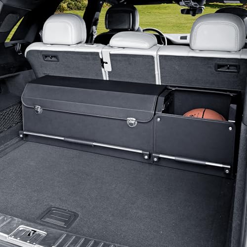 XCF Organizer per bagagliaio auto, in pelle impermeabile, con coperchio e manico stabile, vano portaoggetti per imballaggio, accessori SUV/auto (Nero, XXL (104 * 29 * 31cm))