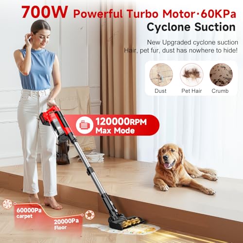 Image of 700W Cordless Vacuum Cleaner, 2x4000mAh Brushless Vacuum Cleaners for Home, 6 in 1 Lightweight Stick Vacuum 60kPa, 3 Suction, Portable Handheld Cordless Vacuum for Pet Hair /Hardwood Floor /Dorm Red