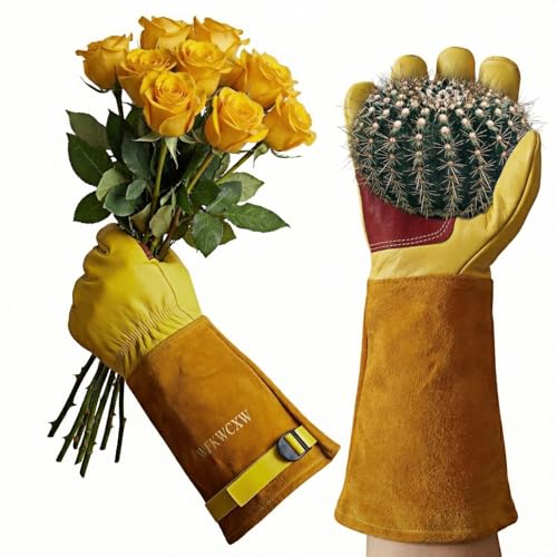 wfkwcxw Gardening Gloves for Rose and Cactus Handling,Cow Leather Garden Gloves Thorn Proof,Gardening Gifts for Womens/Mens (Yellow, Small)