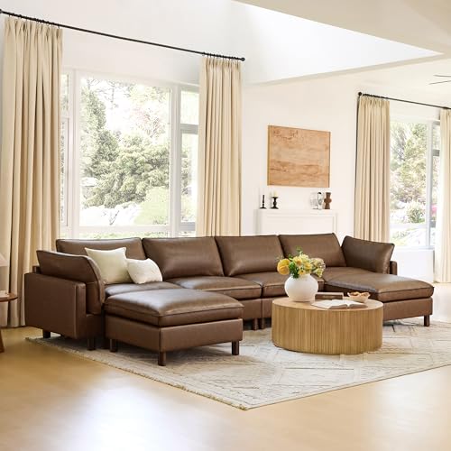 Image of CHITA 161 inch Leather Super Large Sectional Couches for Living Room, Modular Sectional Sofa, Premium Genuine Leather Sofa, Down Filled, High Density Foam, Real Leather in Coffee Brown, 6 Seat U Shaped