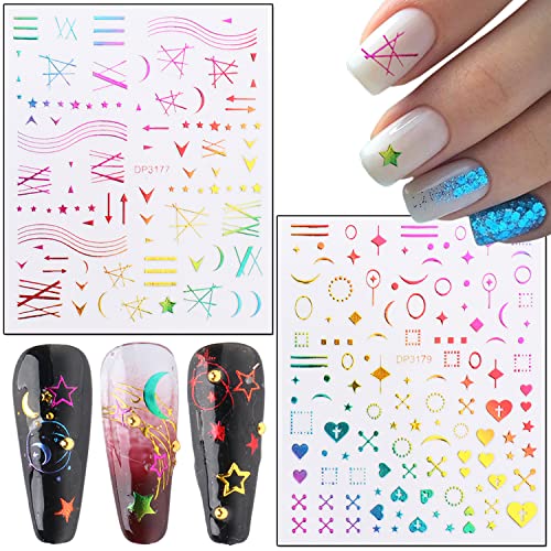 Constellation Nail Art Stickers, Holographic 3D Starry Sky Nail Self-Adhesive Sticker, Chameleon Moon Stars Wave Line Arc Nail Art Decals Design For Women Manicure Charms Decorations Transfer Decal #TOP5