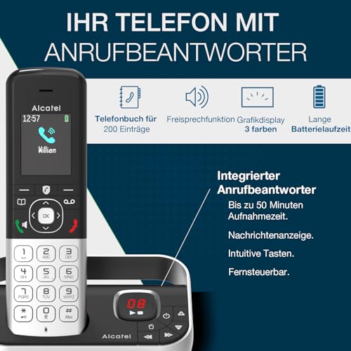 ALCATEL FX990 Voice Trio - Schnurloses DECT-Telefon mit Anrufbeantworter 50 Min. - Hochauflösendes Farbdisplay - Freisprechfunktion - Anrufsperre - VIP-Klingelton - 3 Mobilteile - Schwarz/Grau