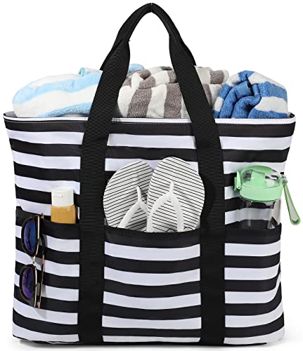 LEDAOU Bolso de playa grande para mujer, bolso de mano, impermeable, a prueba de arena, cremallera para piscina, picnic, gimnasio, bolsa de viaje, Rayas blancas y negras