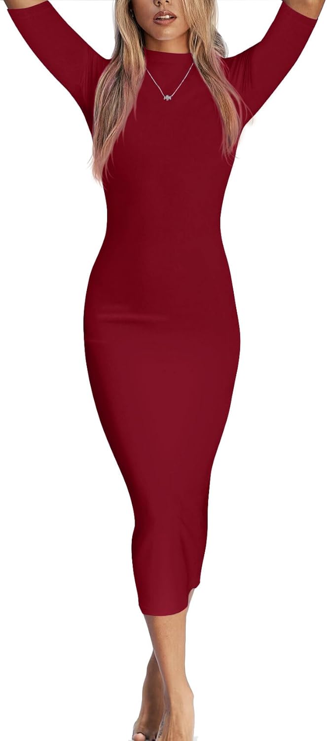REVETRO Women's Spring Midi Bodycon Dresses Fall 3/4 Long Sleeve Crewneck Ribbed Knit Fitted Casual Dress - Image 2
