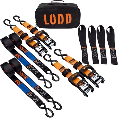 LODD - 4 Correas de Trinquete para Moto 41mm x 3,4m - Set 2 Cinchas de Amarre - Resistencia 2000kg - Ganchos de Plástico Seguros y 2 Hebillas Flexibles - Bolsa incluida - Ideal Remolques, Motos, Quads