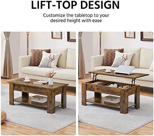 Yaheetech Lift Top Coffee Table, Wood Lifting Coffee Table Tea Table with Storage Shelf for Living Room, Rustic Brown, 98x50x(42-56) cm