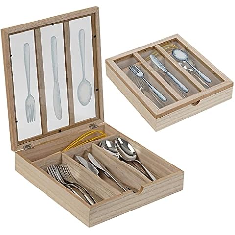 LONGBLE Wooden Cutlery Box with Lid Wood cutlery organizer Silverware Drawer Organizer with 4 Compartments for Spoon Chopsticks Storage Box Container for Kitchen Countertop Dining Table Cover