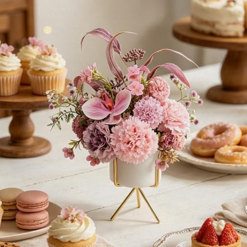 UBOSU Artificial Pink Carnation and Orchid Flower Arrangement in White Ceramic Vase with Gold Stand (Pink)