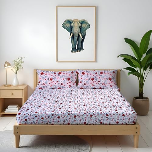 Image of Arvind Bedsheet Set - 100% Cotton Bedsheet for Double Bed (1 Queen Size Bedsheet with 2 Pillow Covers) Soft Breathable, 144 Thread Count - Slumber -Shade 7 (21029-A)