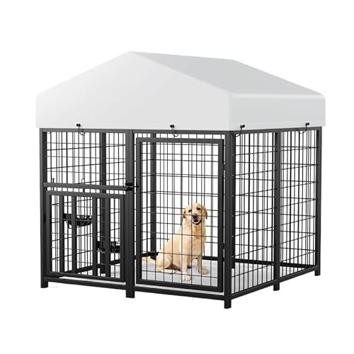 BKNROIHB Large Outdoor Dog Kennel with Rotatable Feeder, Sturdy Construction, Removable Roof, Easy Clean, and Safe Yard Fence(4'L x 4'W x 4.25'H)