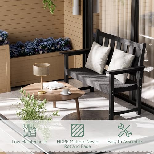 Image of 50 inch HDPE Outdoor Bench, 2-Person Weatherproof Patio Seating, Black