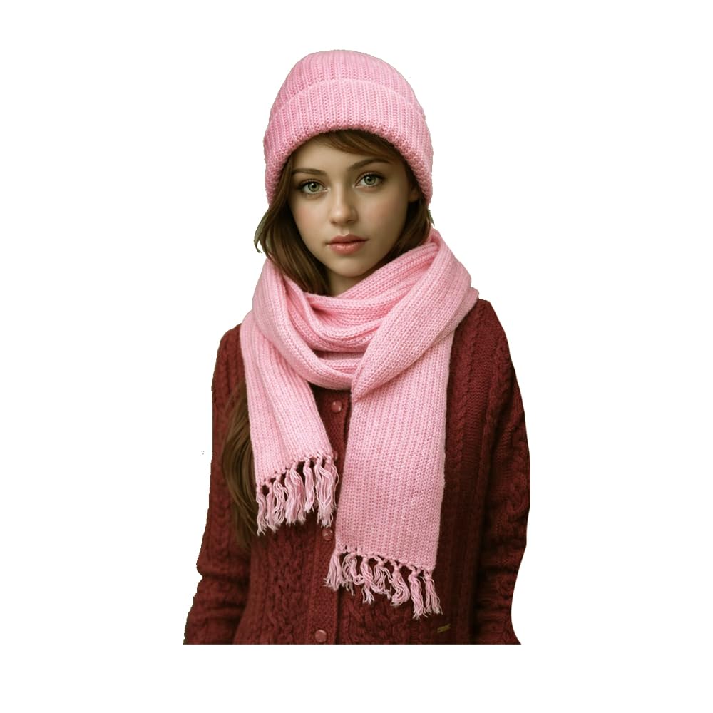 WOOLEN KNITTED CAP WITH MUFFLER (SCARF) WARM AND COMFORT PINK-image-8