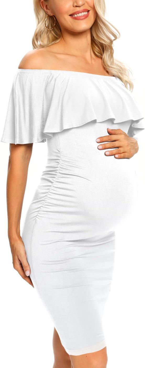 Ruffle Off Shoulder Maternity Dress Ruched Side Bodycon Pregnancy Dress for Baby Shower/Photography - Image 4
