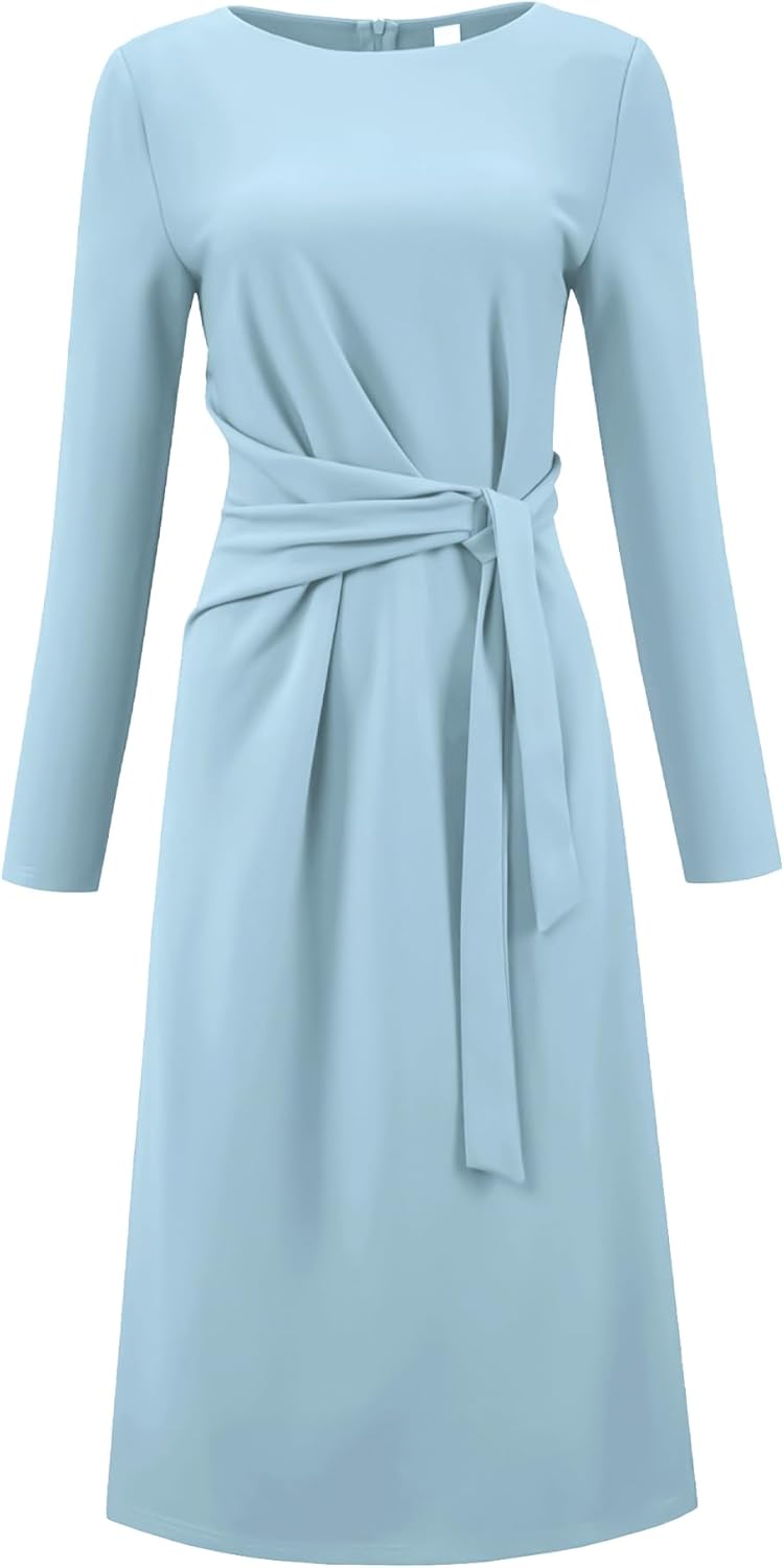 Women's Knee Length Pencil Dress Long Sleeve Tie Waist Church Work Sheath Dresses