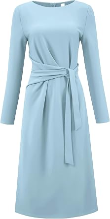 Hobemty Womens Knee Length Pencil Dress Long Sleeve Tie Waist Church Work Sheath Dresses