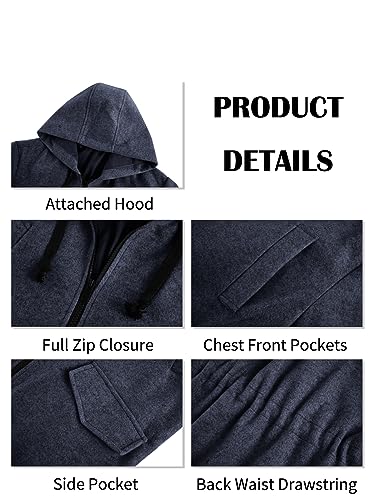 Image of ZIWOCH Mens Trench Coat Wool Blend Hoodie Long Jacket Full Zip Winter Classic Business Overcoat