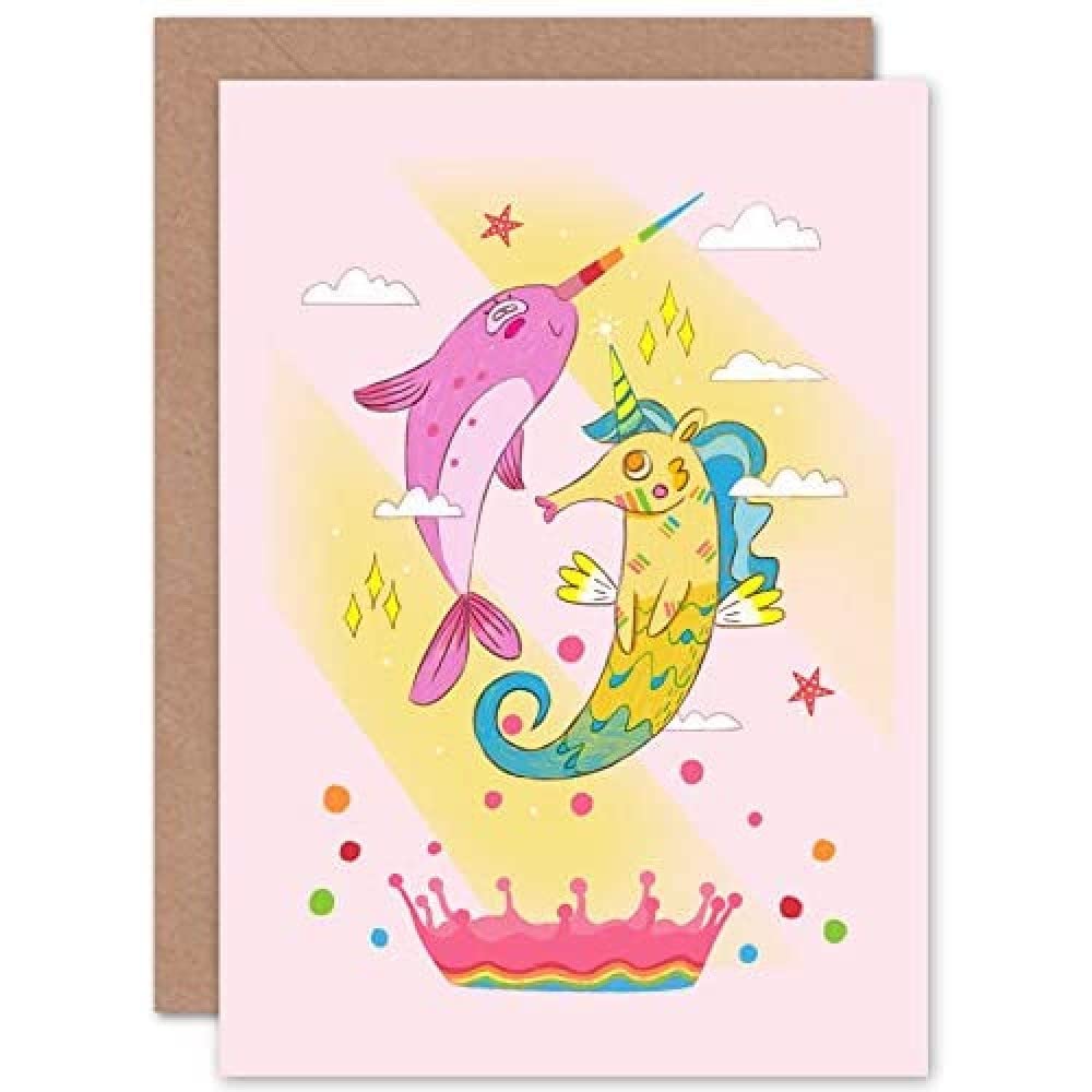 Wee Blue Coo Unicorn Seahorse Narwhal Magic Greeting Card With Envelope Inside Premium Quality
