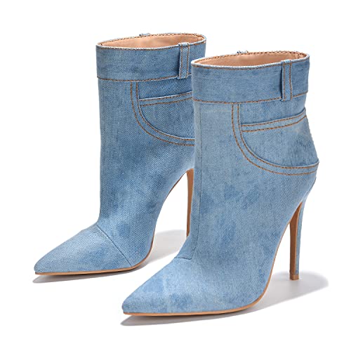 Cape Robbin Canva Stiletto Denim Mid Calf Boots For Women, Pull On Pointy Toe Heeled Booties - Light Blue Size 6 #TOP2