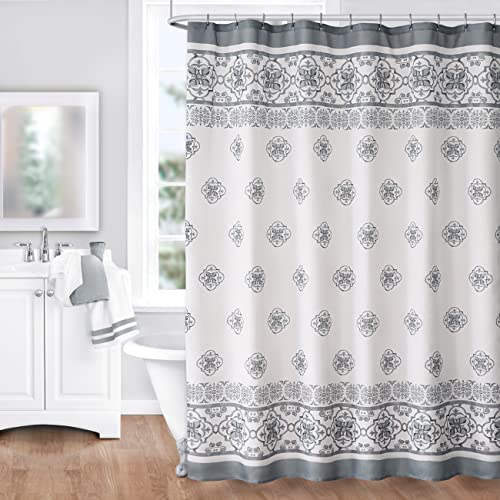 Newbridge Fabric Shower Curtain, 70 Inch Wide x 72 Inch Long, Mykonos Grey Mediterranean, Fabric Shower Curtain, Grey Tile Border
