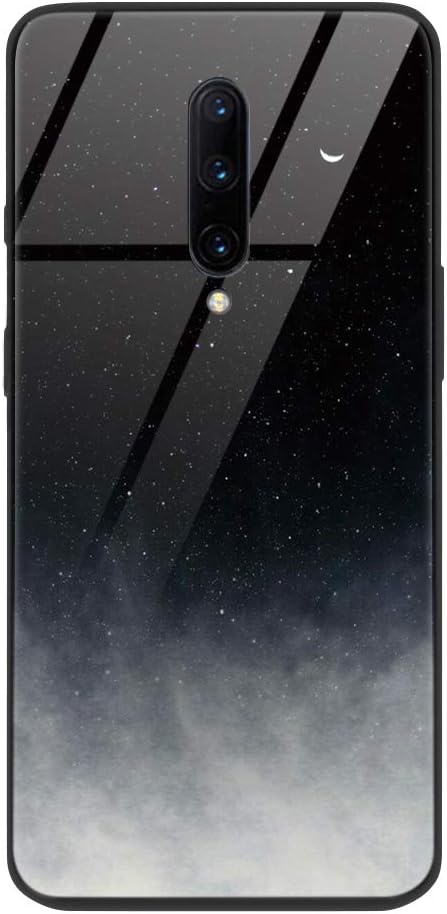 ZhuoFan OnePlus 7 Pro Case, [Anti-Scratch] Shockproof Patterned Tempered Glass Back Cover with Soft TPU Gel Silicone Bumper Phone Cases Skin for One Plus 7Pro Smartphone, Black Gray
