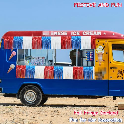 Image of 4 Packs Total 39 Feet 4th of July Parade Floats for Trailer Car, Red White Blue Foil Fringe Garland Patriotic Tinsel Streamers Banner Table Skirts for Graduation Homecoming Wedding Birthday Party