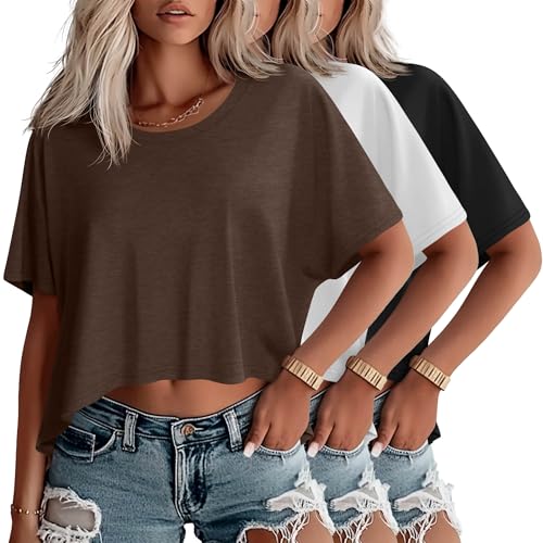 Huukeay 3 Pack Oversized Cropped T Shirts for Women Casual Short Sleeves Crop Tops Crew Neck Irregular Hem Baggy Tees