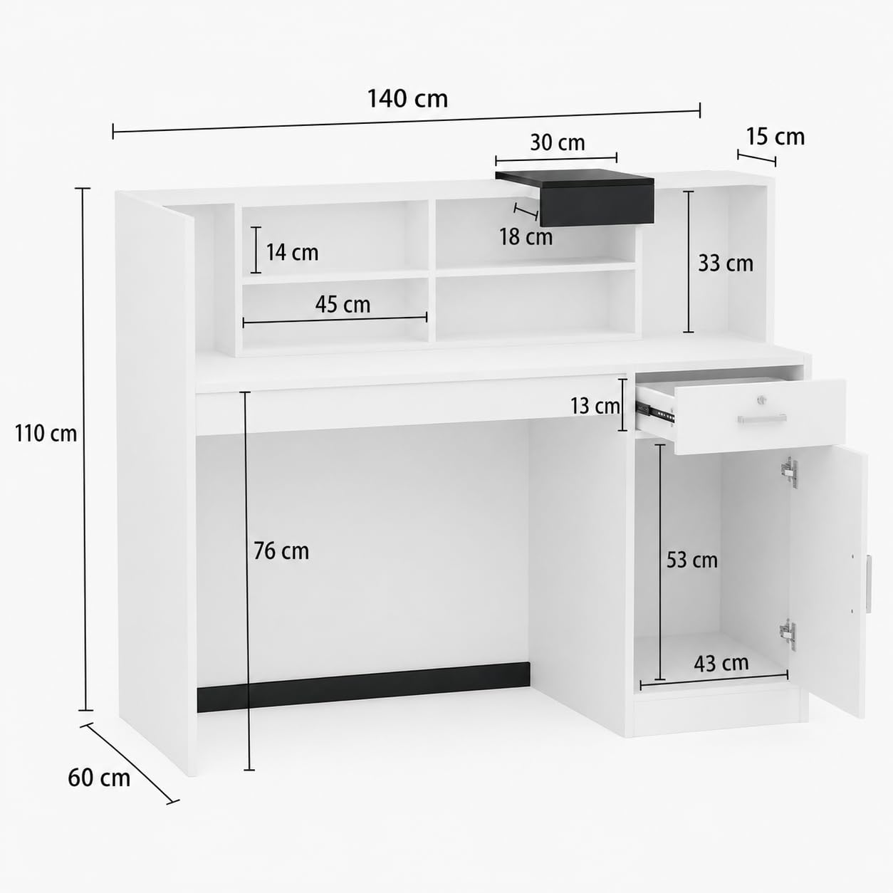 Mostradores de recepción, mostradores de recepción, mostrador de recepción con estante extraíble, mostrador de recepción, mostrador de recepción con placas decorativas negras, muebles de