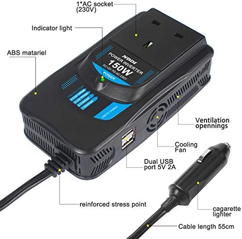 NDDI 150W Car Power Inverter 12V DC to 230V AC Converter with 2 USB Port Charger