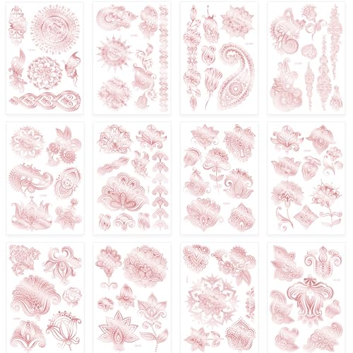 Tattoo Stickers, 12pcs Glitter Rose Pink Temporary Tattoo Set Stickers, Art Paint for Women Adult Girls, Fake Tattoos that Look Realistic & Long Lasting, Waterproof Fake Jewellery Body Stickers(Pink)