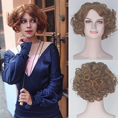 Queenie Goldstein Cosplay Perücken für Frauen Kurzkörper Welle Synthetik Vollmaschine Made Perücke mit Seitenteil Hitzebeständig Braun Kostüm Haar für Mädchen Halloween Verwendung Cover