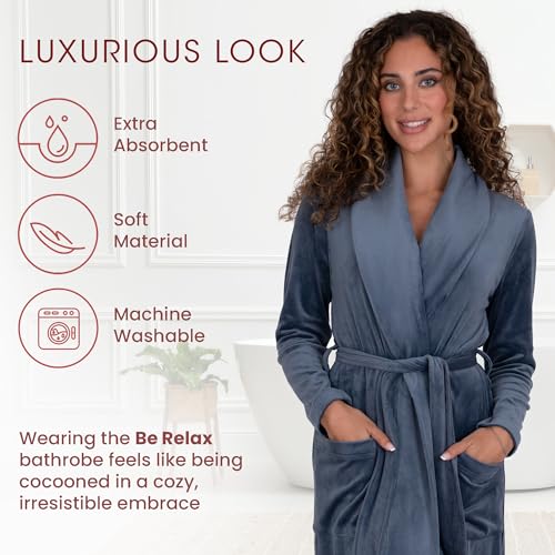 Be Relax Terry Velour Robe - Made of Polyester, Shawl Collar Robe with Belt & Side Pockets, Soft & Warm Bathrobe for Women4