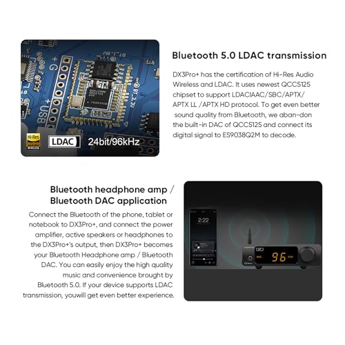 Image of TOPPING DX3 Pro+ NFCA LDAC Headphone Amplifier, ES9038Q2M Audio DAC Amp, Bluetooth /USB /Optical /Coaxial Input RCA /3.5mm Headphone Amplifiers Preamp (Black)
