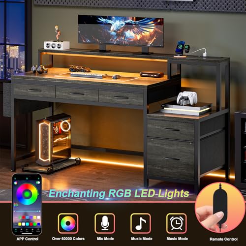 Image of REAHOME 61 Inch Gaming Desk with Charging Station and LED Lights, Reversible Computer Desk with Storage Drawer and Monitor Stand, Modern Desk Table with File Cabinet & Side Pocket, Grey Oak