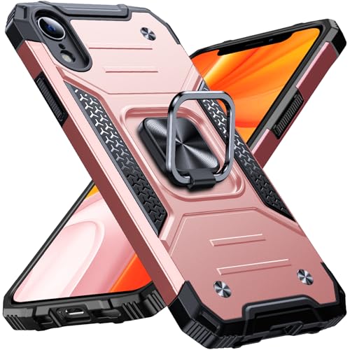 Image of Anqrp Heavy Duty Case for iPhone XR Case with Enhanced Ring Holder Grip Stand, Military Grade Shockproof Rugged Drop Protective Silicone Hard Slim iPhone XR Phone Case Cover,Pink Gold