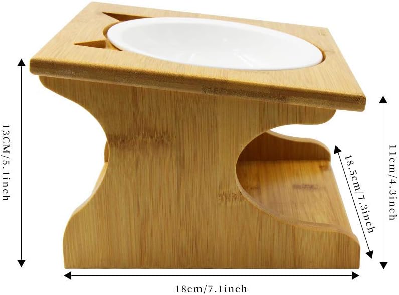 Cat Bowls Pet Dining Table with Raised Slope Wooden Stand Elevated Pet Bowls with Oblique Stand for More Comfortable Eating for Cats, Dogs, Kitten and Puppy (Single Bowl, Ceramics)