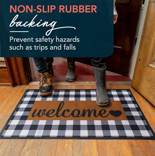 ubdyo Welcome Mat for Front Door Outside - Dirt Trapping Doormat Outdoor Entrance - Low Profile Welcome Matt Outdoor - Rubber Backing Anti Slip Door Mat - Regular 30'' x17'' (Checkered)