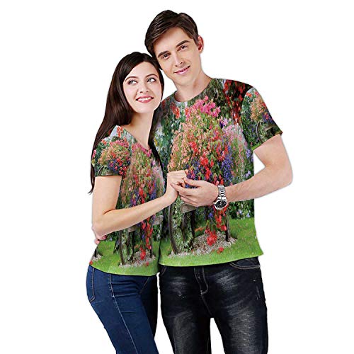 C COABALLA English Country Garden Flower Wheelbarrow Flower,Couple Cool Short Sleeve Crew Neck T-Shirt Formal Garden XL
